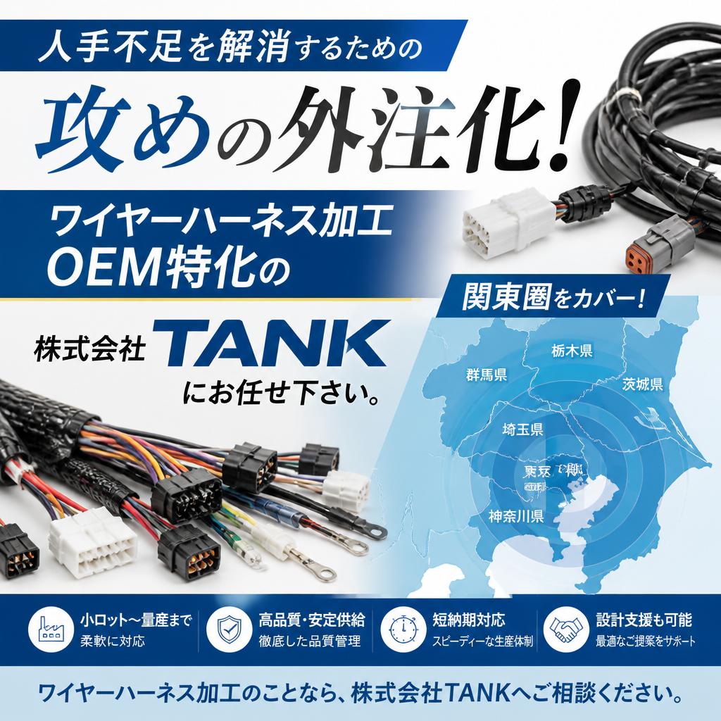 人手不足を解消するための攻めの外注化！ワイヤーハーネス加工OEM特化の株式会社TANKにお任せ下さい。関東圏をカバー！